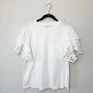 Anthropologie Forever That Girl Eyelet Sleeve TShirt White Pocket Ruffle Flutter